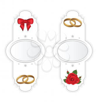 Illustration set wedding cards with rose, ring, bow - vector