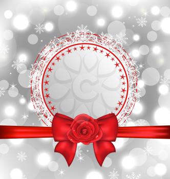 Illustration Christmas snowflake card with gift bow and rose - vector