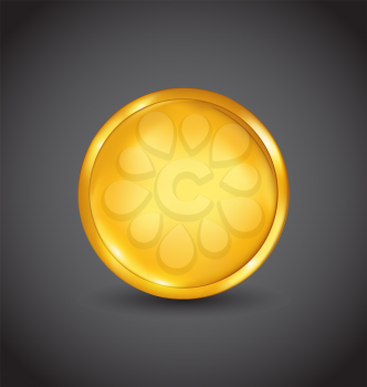 Illustration golden coin with shadow on dark background - vector