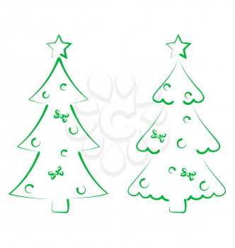 Illustration Christmas set trees with decoration, stylized hand drawn - vector