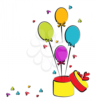 Illustration open gift box with balloons for your birthday, colorful sketch - vector