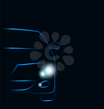 Illustration silhouette of car with headlights in darkness - vector 