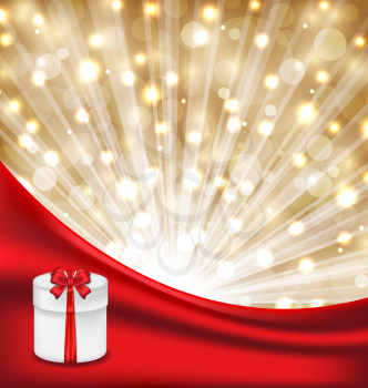 Illustration gift box with red bow on glowing background - vector