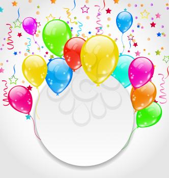 Illustration birthday invitation with multicolored balloons and confetti - vector