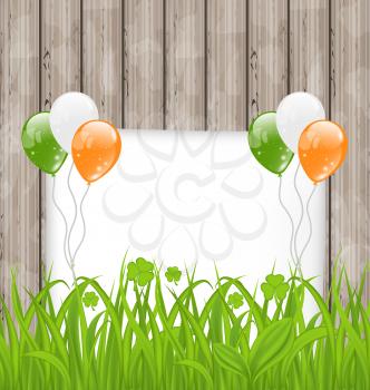 Illustration greeting card with grass and balloons in Irish flag color for St. Patrick's Day - vector