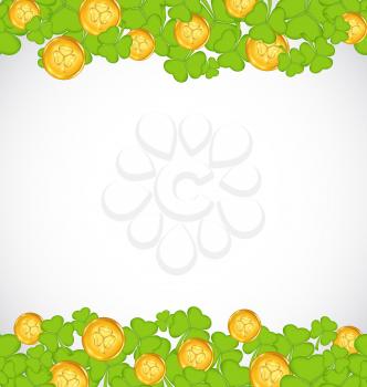 Illustration greeting background with shamrocks and golden coins for St. Patrick's Day - vector
