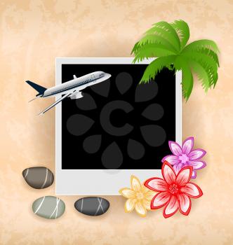 Illustration photo frame with plane, palm, flowers, sea pebbles - vector