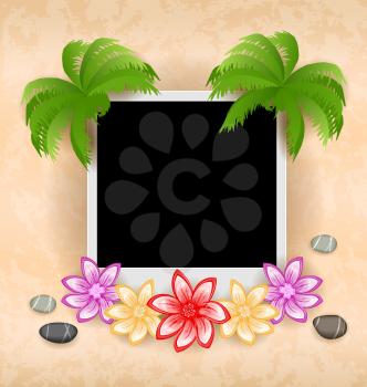Photo frame with palm, flowers, sea pebbles - vector