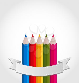 Illustration colorful pencils with ribbon, on white background - vector