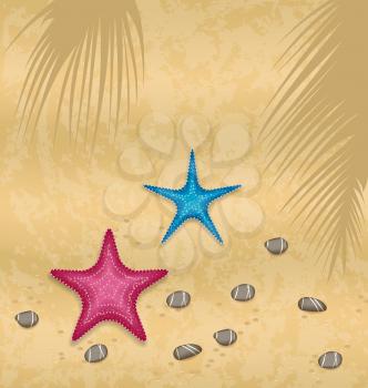 Illustration sand background with starfishes and pebble stones - vector