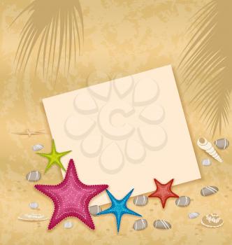Illustration sand background with paper card, starfishes, pebble stones, seashells - vector