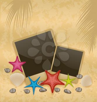 Illustration sand background with photo frames, starfishes, pebble stones, seashells - vector