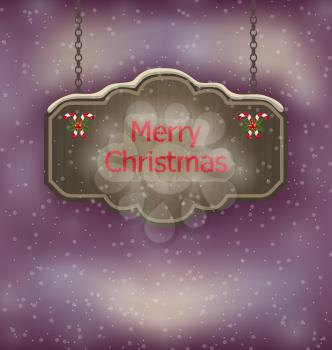 Illustration night background with hanging Merry Christmas wooden board - vector