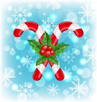 Illustration Christmas caramel canes with holly berry, glowing background - vector