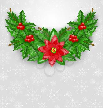 Illustration Christmas decoration with holly berry, pine and poinsettia - vector