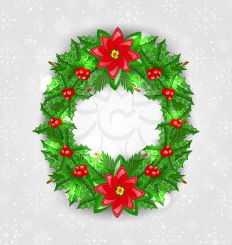 Illustration Christmas decoration with holly berry, pine and poinsettia - vector