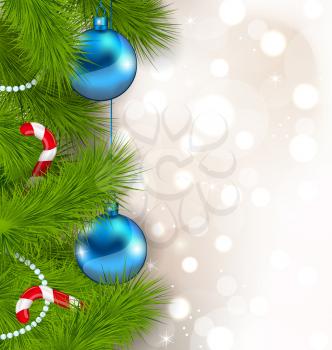 Illustration Christmas composition with fir branches, glass balls and sweet canes - vector
