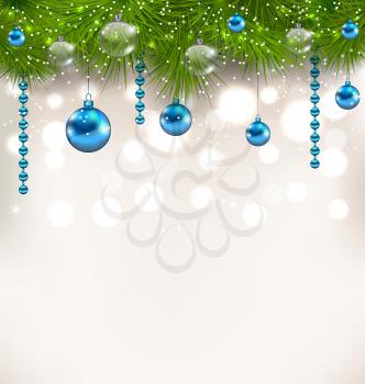 Illustration Christmas shimmering background with fir twigs and glass balls - vector