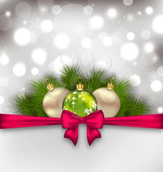 Illustration Christmas glowing card with fir branches and glass balls - vector
