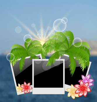 Illustration set photo frame with palms, flowers, on blurred seascape background - vector