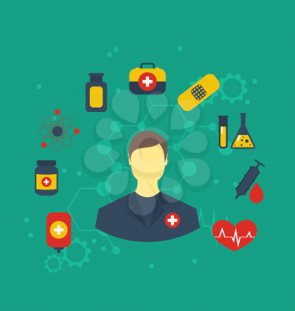Illustration doctor with medical icons for web design, modern flat style - vector