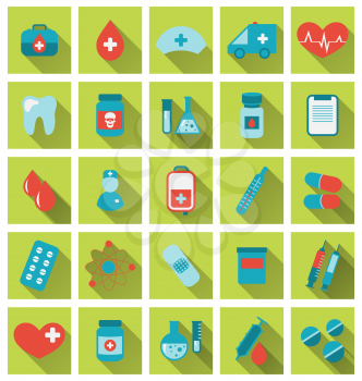 Illustration collection trendy flat medical icons with long shadow - vector