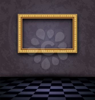 Illustration picture frame in dark empty interior - vector 