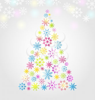 Illustration Christmas pine made of colorful different snowflakes - vector