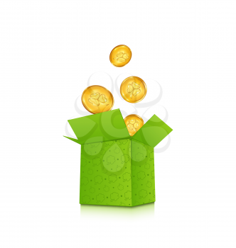 Illustration open cardboard box with golden coins for St. Patrick's Day, isolated on white background - vector