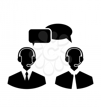 Illustration flat icons of call center silhouette mans operators wearing headsets, people isolated on white background - vector