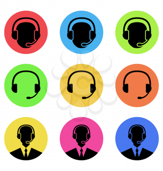 Illustration colorful icons of call center and operator in headset, headset - vector