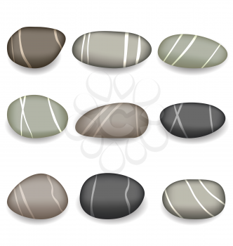 Illustration set sea pebbles with shadows on white background - vector
