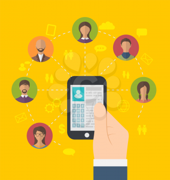 Illustrations social connection with profile page on phone and users icons - vector