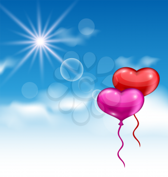 Illustration two glossy hearts balloons for Valentine Day flying in the blue sky - vector