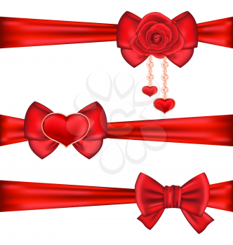Illustration set red gift bows ribbons with rose and heart, isolated on white background - vector