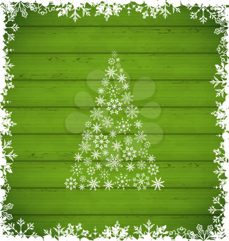 Illustration Christmas pine and border made of snowflakes on green wooden background - vector