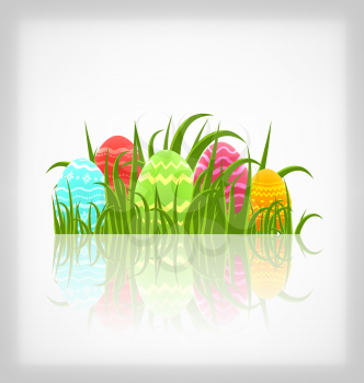 Illustration Easter natural background with traditional colorful eggs in grass meadow - vector