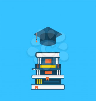 Illustration flat icons of graduation cap and  heap textbooks - vector