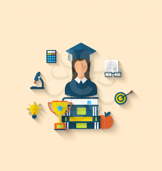 Illustration flat icons of magister female with graduation and objects for high school and college education with teaching and learning, long shadow style design - vector