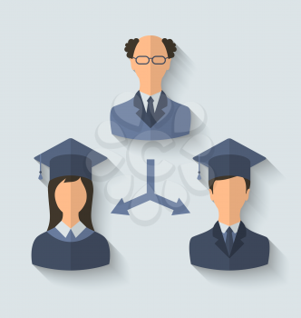 Illustration flat icons of teacher and his students have graduated from the University, long shadow style - vector