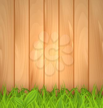 Illustration freshness spring green grass and wooden wall - vector