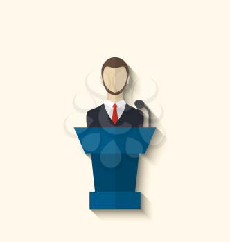 Illustration flat icon of orator speaking from rostrum, long shadow style - vector