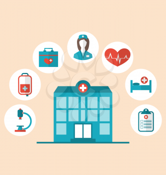 Illustration flat trendy icons of hospital and another medical objects, modern flat style - vector