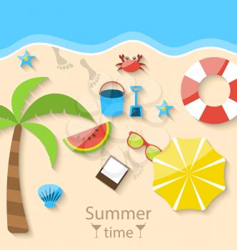 Illustration summer time with flat set colorful simple icons on the beach - vector
