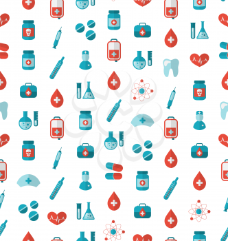 Illustration Seamless Texture with Flat Medical Icons, Endless Backdrop - Vector