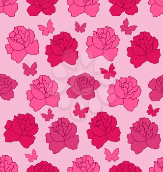 Illustration Seamless Texture with Flowers Roses and Butterflies, Pink Romantic Pattern - Vector