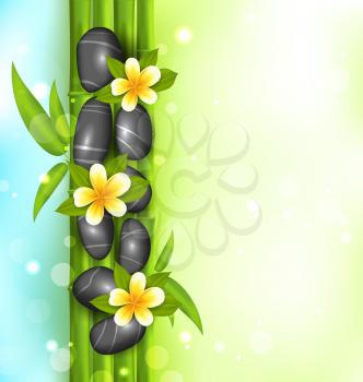 Illustration spa therapy background with bamboo, stones and frangipani flowers (plumeria) - vector
