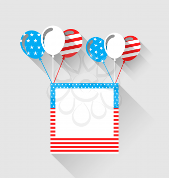 Illustration photo frame and balloons in US national colors, long shadow style - vector