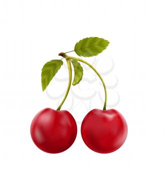 Illustration Pair Realistic Pulpy Cherries with Green Leaves Isolated on White Background - Vector