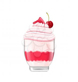 Illustration Ice Cream with Whipped Cream, Jam and Cherry, Isolated on White Background, Sweet Dessert - Vector